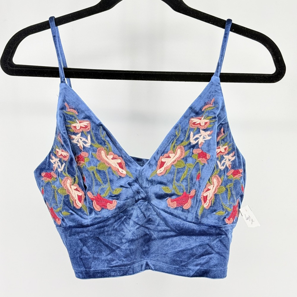 New Fairy Floral Embroidered Blue Crop Top Spaghetti Strap Womens Jr L Festival - Picture 1 of 8